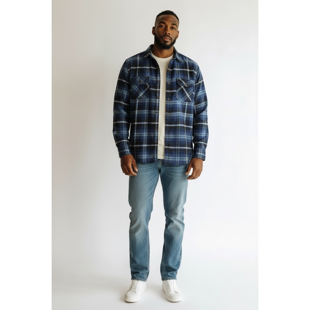 Jachs NY Heritage Flannel Blue Black Plaid Button Down Shirt Mens Large